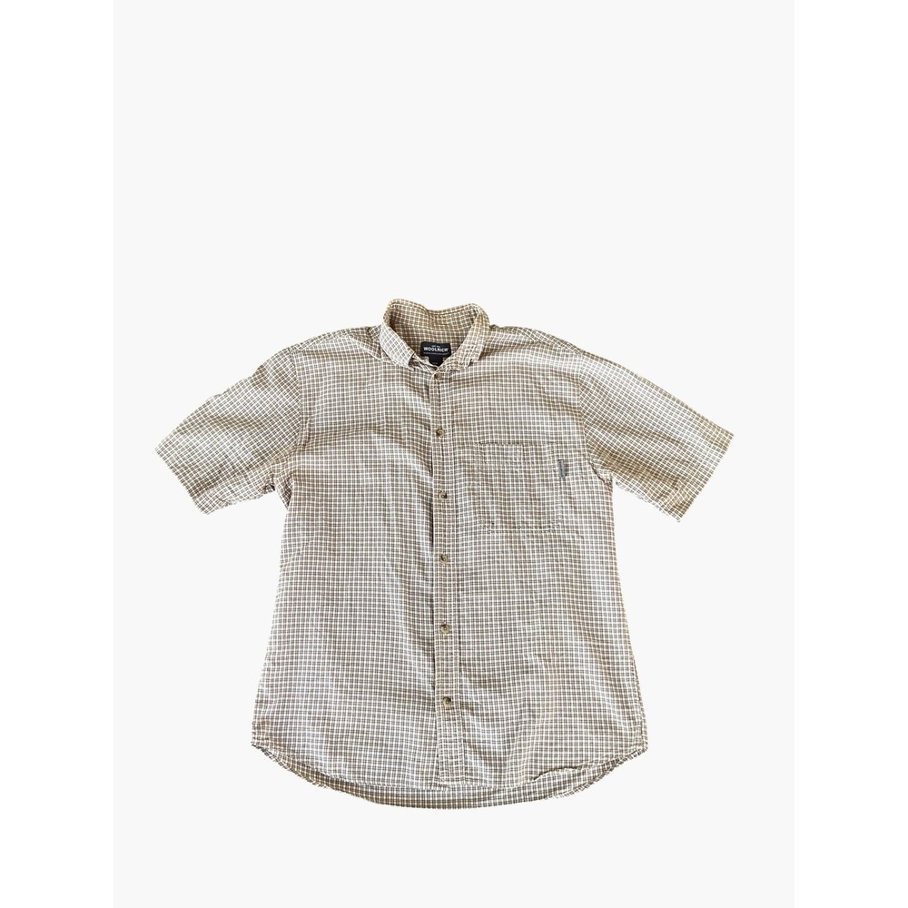 Woolrich Shirt Mens Medium Button Up Beige Plaid Short Sleeve Cotton